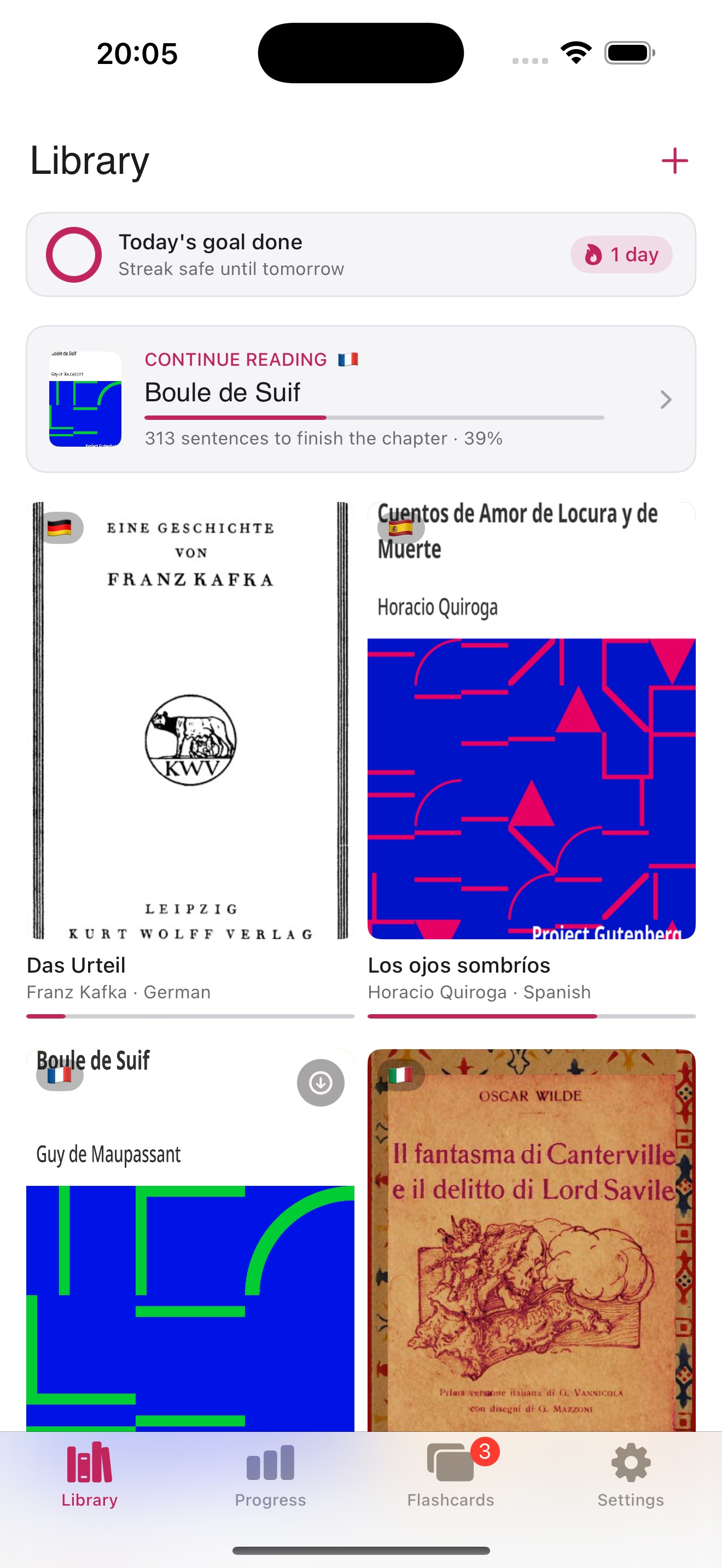 Library screen with today's sentence goal, a continue-reading card for Boule de Suif, and classics in French, Spanish, German and Italian